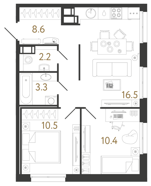 Двухкомнатная квартира №989 в ЖК Струны 2 оч. - 51.5 м²