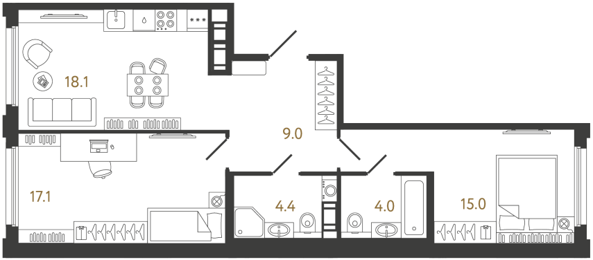 Двухкомнатная квартира №757 в ЖК Гений - 67.6 м²