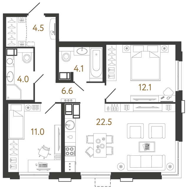 Двухкомнатная квартира №582 в ЖК Струны 2 оч. - 64.8 м²