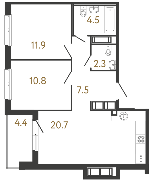 Двухкомнатная квартира №144 в ЖК Передвижники - 57.7 м²  - №2