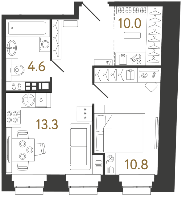 Однокомнатные апартаменты №13 в ЖК Светоч - 38.7 м²