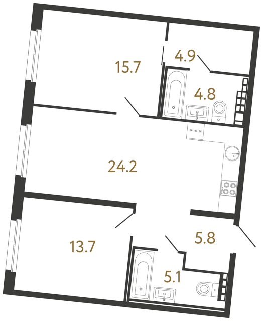 Двухкомнатная квартира №190 в ЖК Визионер - 74.2 м²  - №2