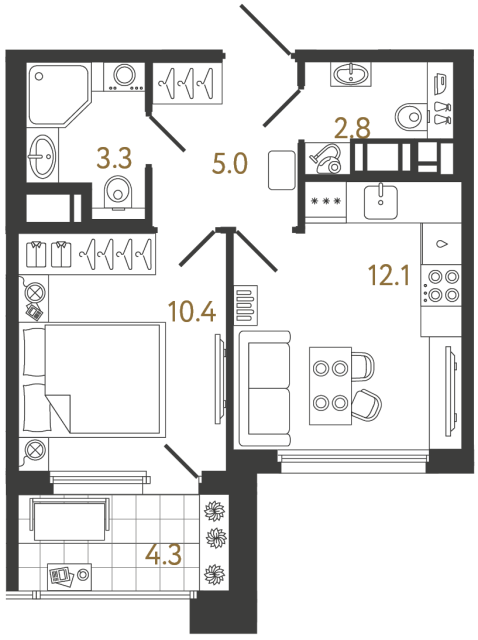Однокомнатная квартира №1089 в ЖК Гений - 33.6 м²