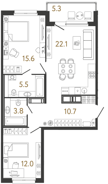 Двухкомнатная квартира №255 в ЖК Передвижники - 69.7 м²