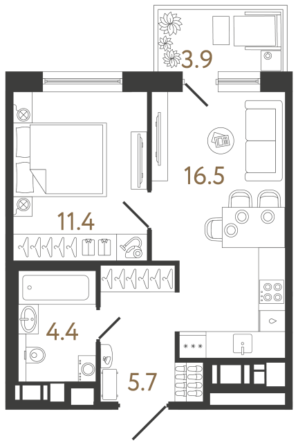 Однокомнатная квартира №61 в ЖК Передвижники 2 - 38 м²