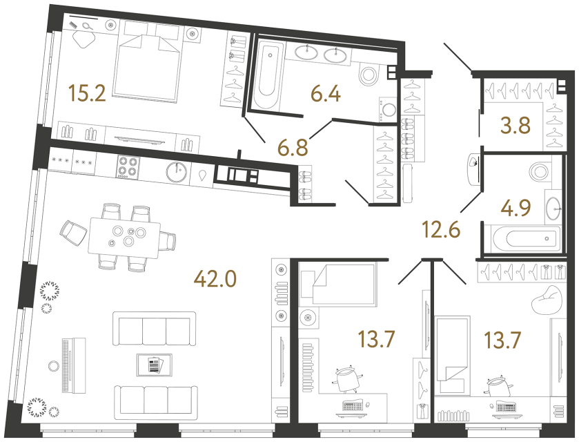 Трёхкомнатная квартира №176 в ЖК Визионер - 119.1 м²