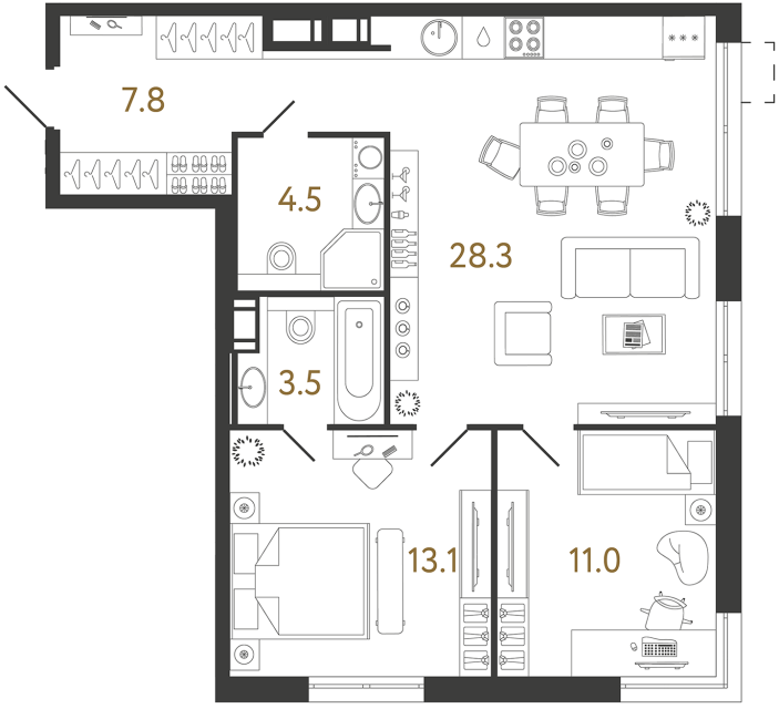Двухкомнатная квартира №90 в ЖК Струны - 68.2 м²