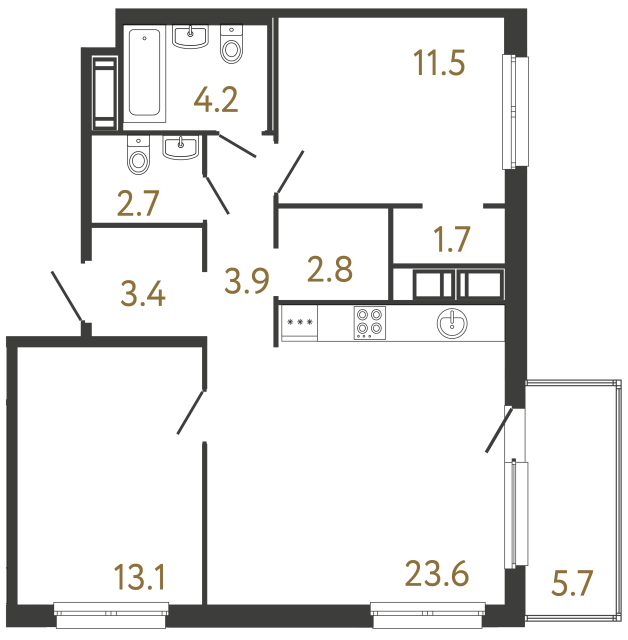 Двухкомнатная квартира №37 в ЖК Передвижники - 66.9 м²  - №2