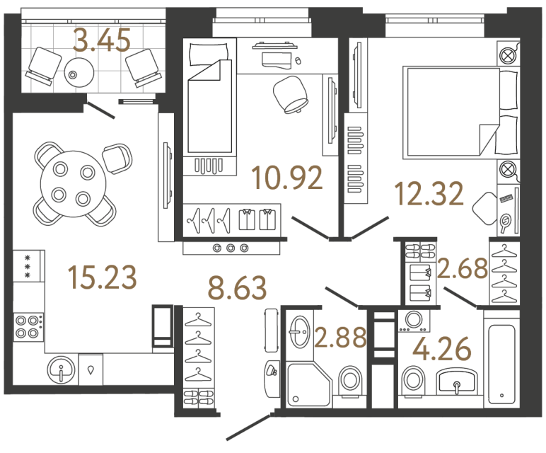 Двухкомнатная квартира №700 в ЖК Ultra City 3 - 56.92 м²