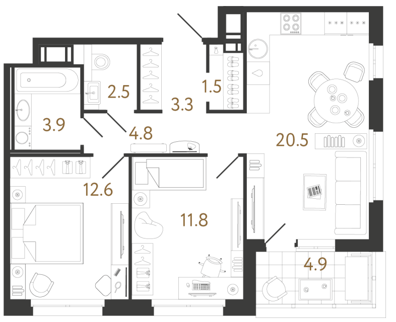 Двухкомнатная квартира №25 в ЖК Литера - 60.9 м²