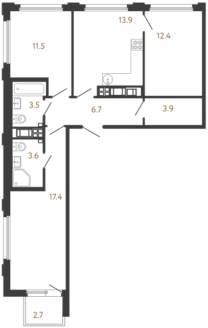 Трёхкомнатная квартира №675 в ЖК Гений - 72.9 м²  - №2