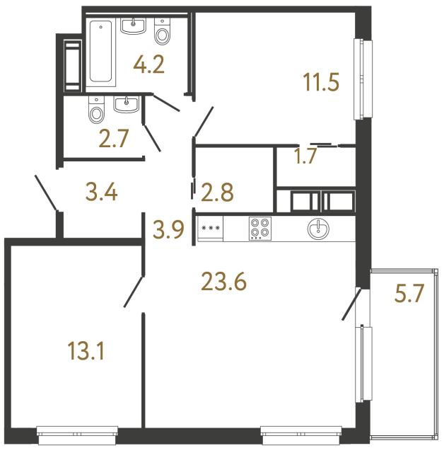 Двухкомнатная квартира №19 в ЖК Передвижники - 66.9 м²  - №2