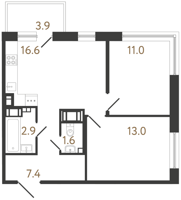 Двухкомнатная квартира №403 в ЖК Передвижники 2 - 52.5 м²  - №2