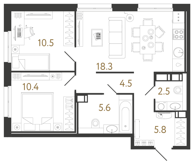 Двухкомнатная квартира №899 в ЖК Струны 2 оч. - 57.6 м²