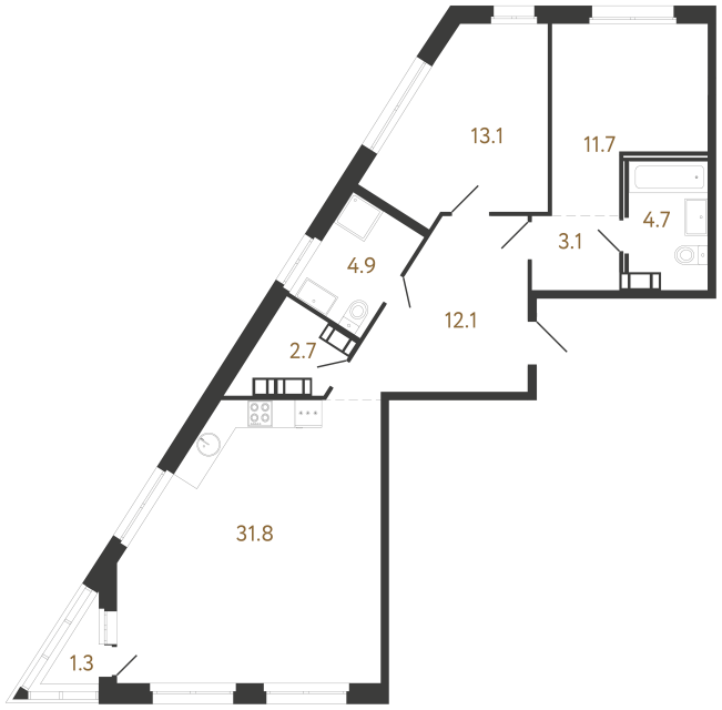 Двухкомнатная квартира №113 в ЖК Куинджи - 84.1 м²  - №2