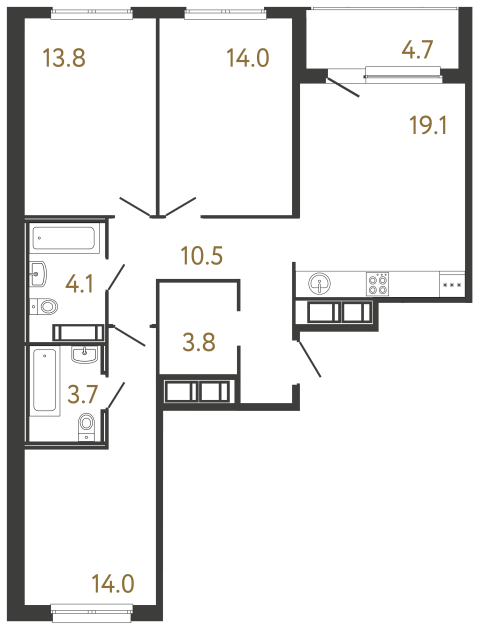 Трёхкомнатная квартира №154 в ЖК Передвижники - 83 м²  - №2