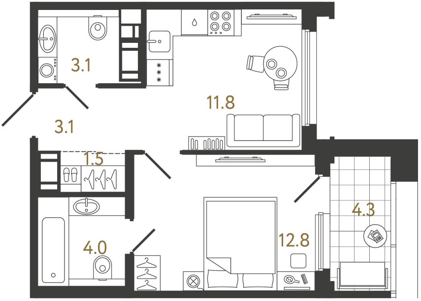 Однокомнатная квартира №889 в ЖК Гений - 36.3 м²