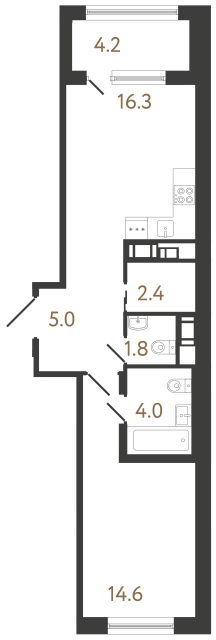 Однокомнатная квартира №242 в ЖК Передвижники 2 - 44.1 м²  - №2