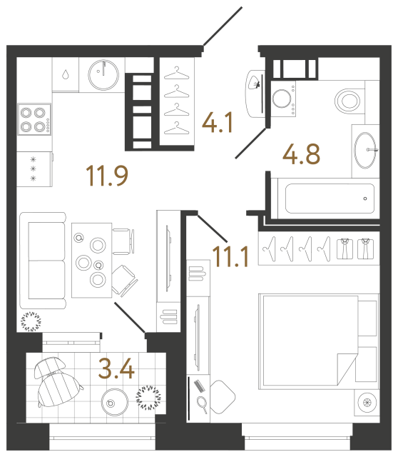 Однокомнатная квартира №283 в ЖК Куинджи - 31.9 м²