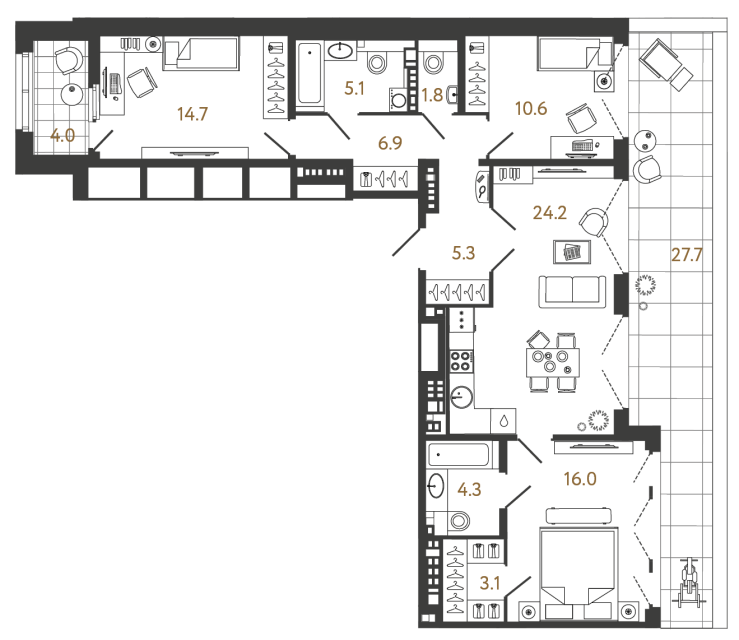 Трёхкомнатная квартира №85 в ЖК Миръ - 92 м²