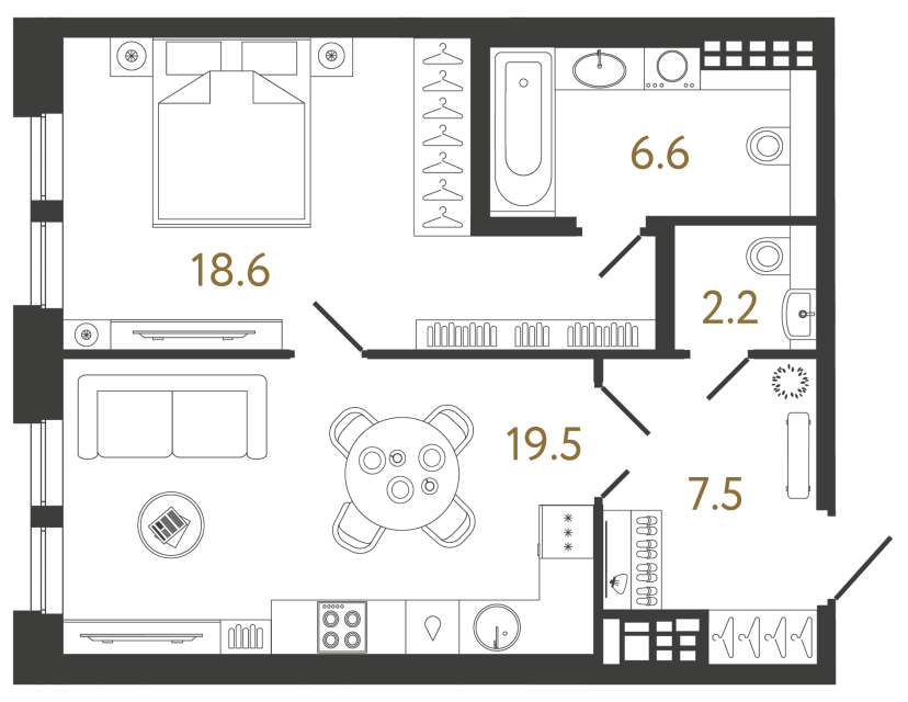 Однокомнатная квартира №63 в ЖК Коллекционер - 54.4 м²