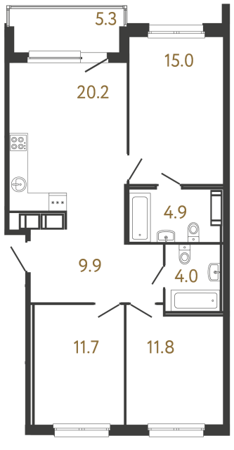 Трёхкомнатная квартира №105 в ЖК Передвижники - 77.5 м²  - №2