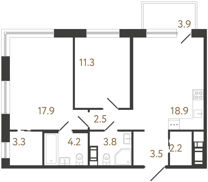 Двухкомнатная квартира №70 в ЖК Передвижники 2 - 67.6 м²  - №2