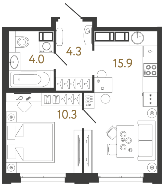 Однокомнатная квартира №804 в ЖК Струны 2 оч. - 34.5 м²