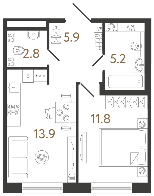 Однокомнатная квартира №13 в ЖК Передвижники 2 - 39.6 м²