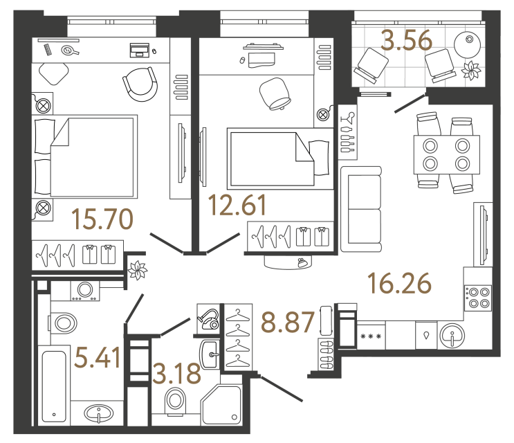 Двухкомнатная квартира №507 в ЖК Ultra City 3 - 62.03 м²