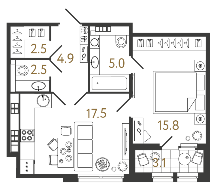 Однокомнатная квартира №156 в ЖК Миръ - 48.2 м²
