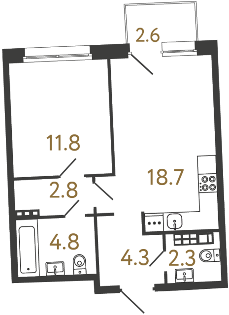 Однокомнатная квартира №26 в ЖК Цвет Зеленогорска - 44.7 м²  - №2