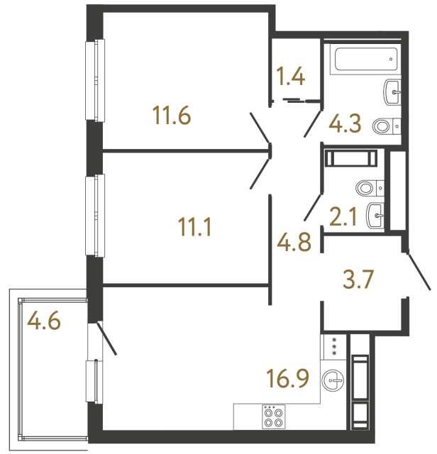 Двухкомнатная квартира №328 в ЖК Передвижники - 55.9 м²  - №2