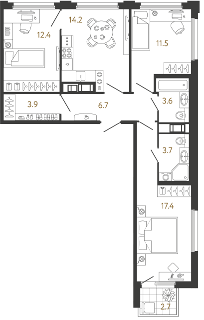 Трёхкомнатная квартира №690 в ЖК Гений - 73.4 м²