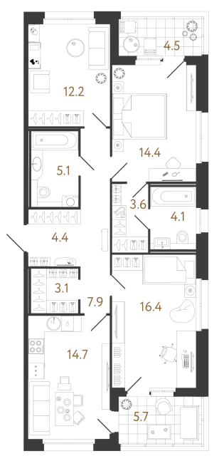 Трёхкомнатная квартира №147 в ЖК Литера - 85.9 м²
