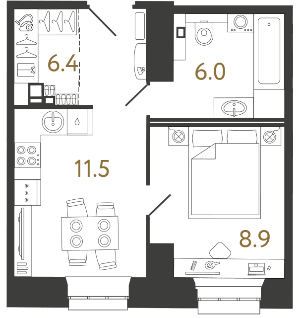 Однокомнатные апартаменты №69 в ЖК Светоч - 32.8 м²
