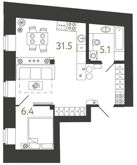 Однокомнатный номер №80 в ЖК Типография - 43 м²