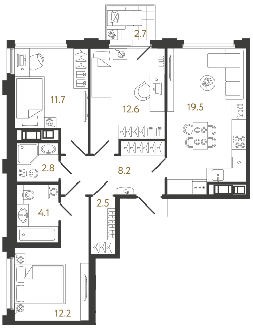 Трёхкомнатная квартира №551 в ЖК Гений - 73.6 м²