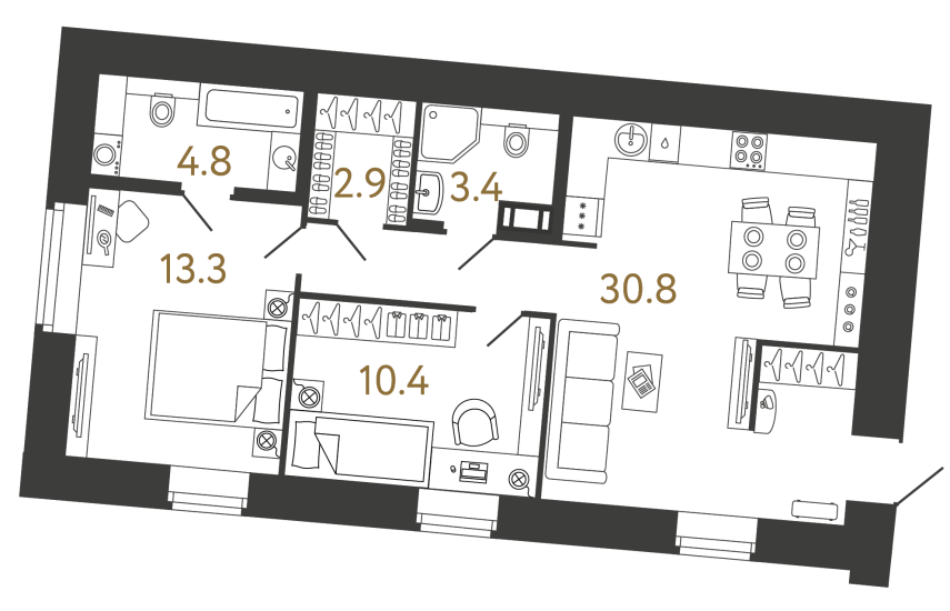 Двухкомнатный номер №111 в ЖК Типография - 65.6 м²