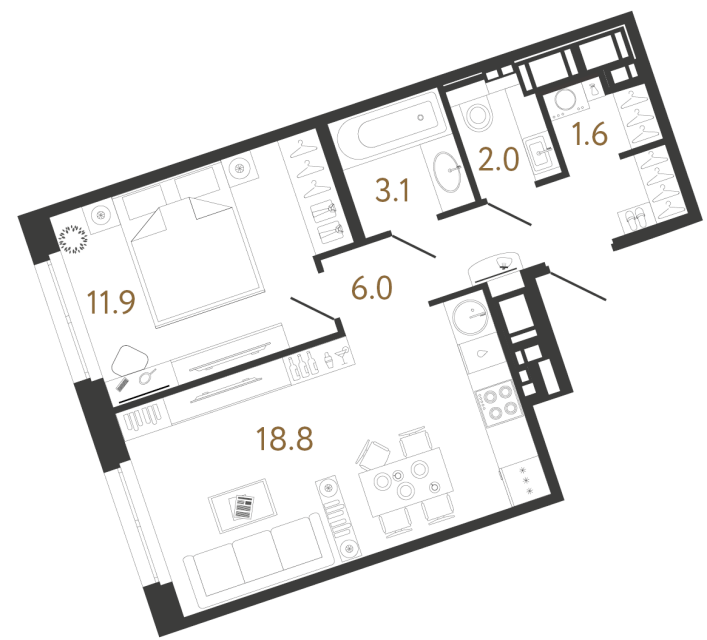 Однокомнатная квартира №144 в ЖК Литера - 43.4 м²