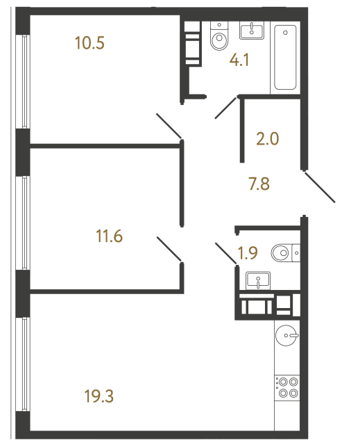 Двухкомнатная квартира №428 в ЖК Гений - 57.2 м²  - №2