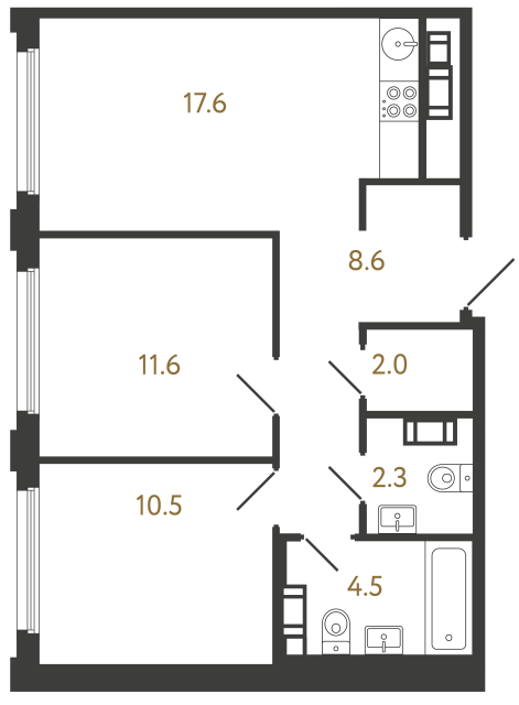Двухкомнатная квартира №455 в ЖК Гений - 57.1 м²  - №2