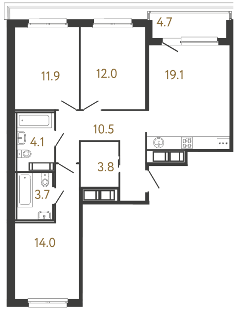 Трёхкомнатная квартира №162 в ЖК Передвижники - 79.1 м²  - №2