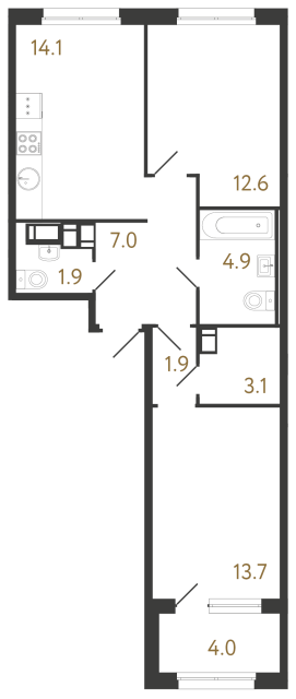 Двухкомнатная квартира №885 в ЖК Струны 2 оч. - 59.2 м²  - №2