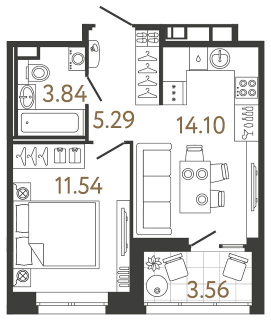 Однокомнатная квартира №724 в ЖК Ultra City 3 - 34.77 м²