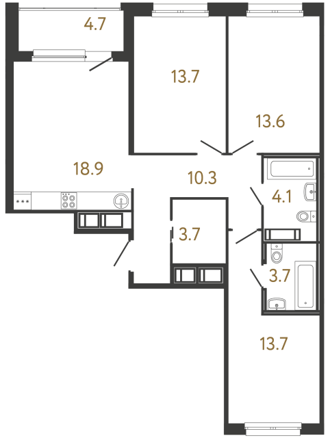 Трёхкомнатная квартира №155 в ЖК Передвижники - 81.7 м²  - №2