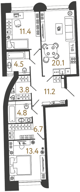 Двухкомнатная квартира №3 в ЖК Цвет Зеленогорска - 75.9 м²