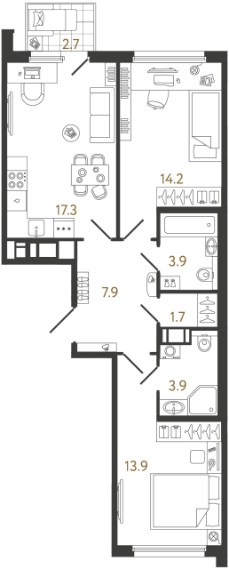Двухкомнатная квартира №1098 в ЖК Гений - 62.8 м²