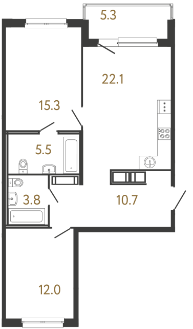 Двухкомнатная квартира №207 в ЖК Передвижники - 69.4 м²  - №2