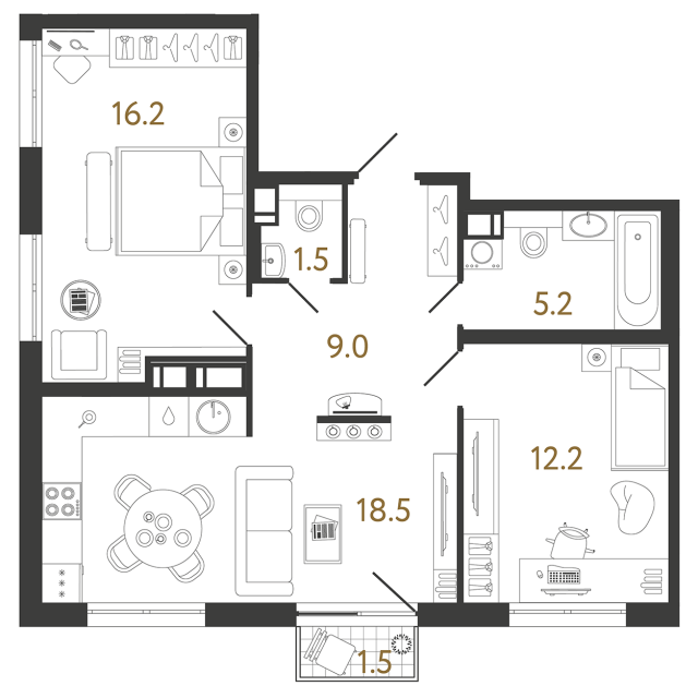Двухкомнатная квартира №181 в ЖК Струны - 62.6 м²
